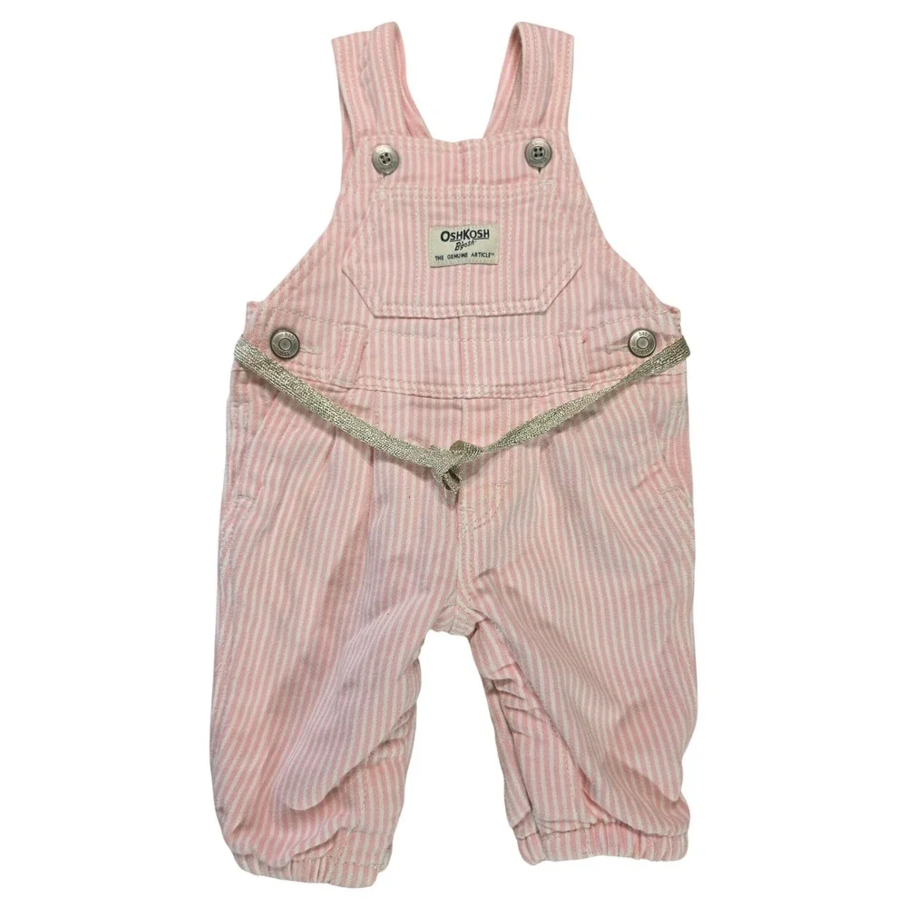 OshKosh Bgosh Baby Girls Pink‎ White Striped Hickory Overalls 3M Glitter Belt